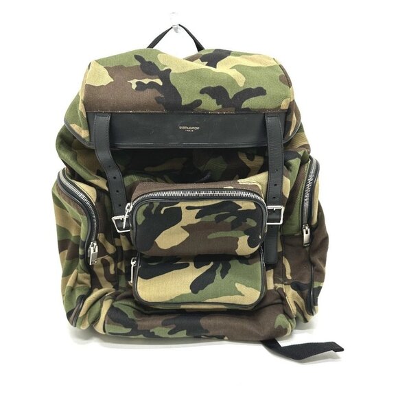 SAINT LAURENT PARIS 437110 Multi-pocket camouflage Backpack Canvas/Leather Green